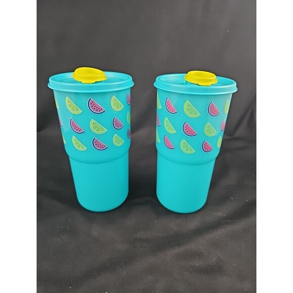 Tupperware ThirstQuake Tumbler Set Of 2 30oz Flip Top NEW Watermelon Design - Picture 1 of 6